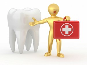 3D model of a tooth and a gold figure holding a first-aid kit